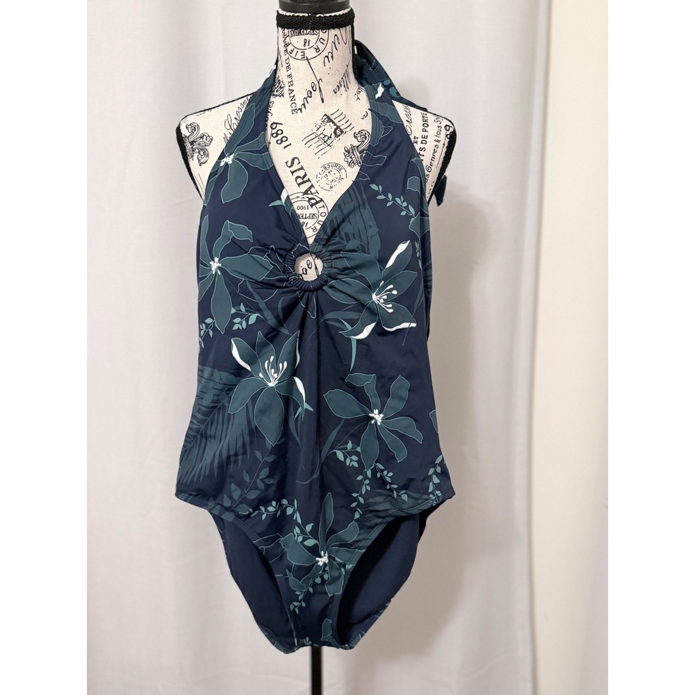 Apt. 9 Womens Floral Halter One Piece Swimsuit Navy Teal Large Tropical O-Ring